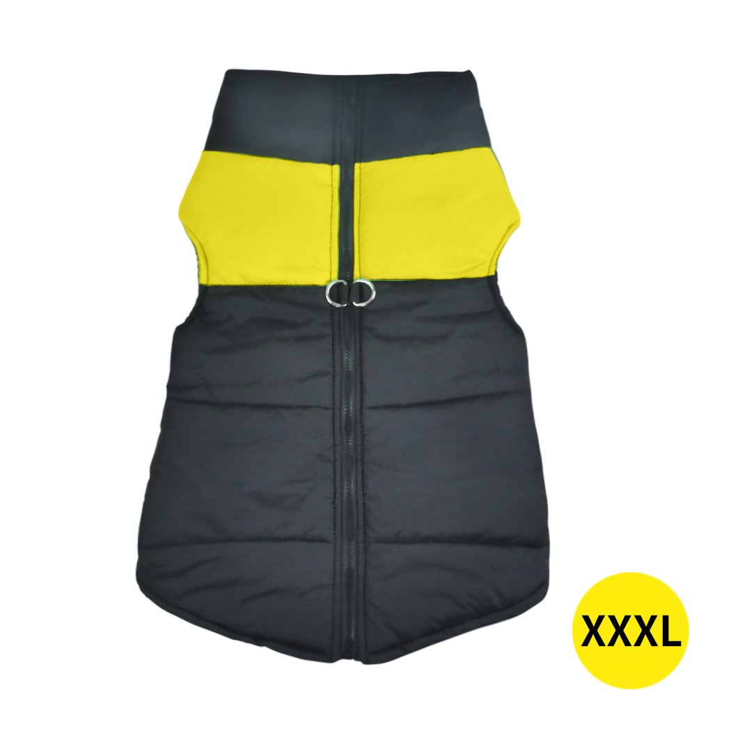 PaWz Dog Winter Jacket in bright yellow, padded and waterproof, designed for dogs to keep them warm and dry during winter walks.